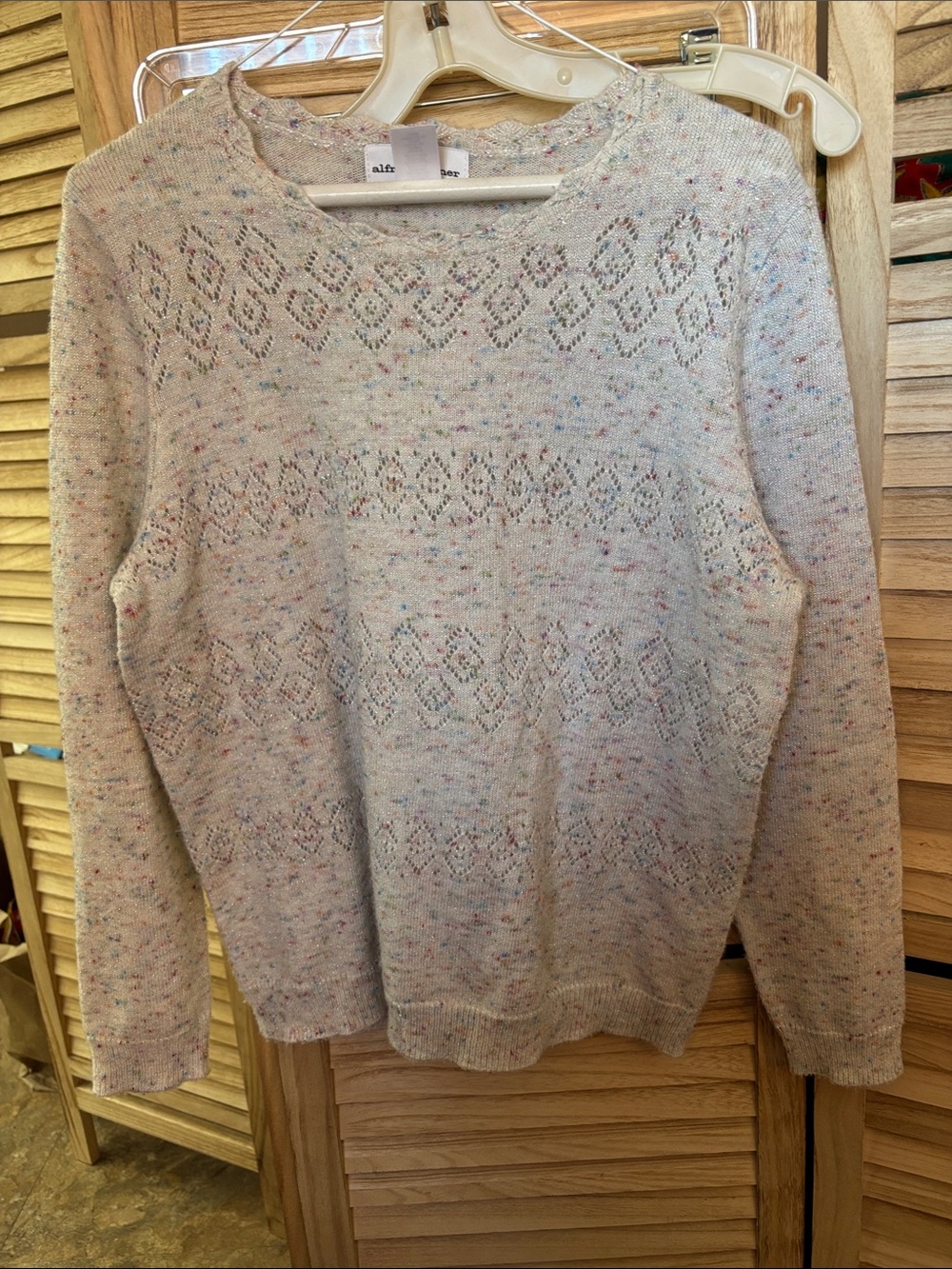 Alfred Dunner Speckled Openwork Crewneck Sweater Medium